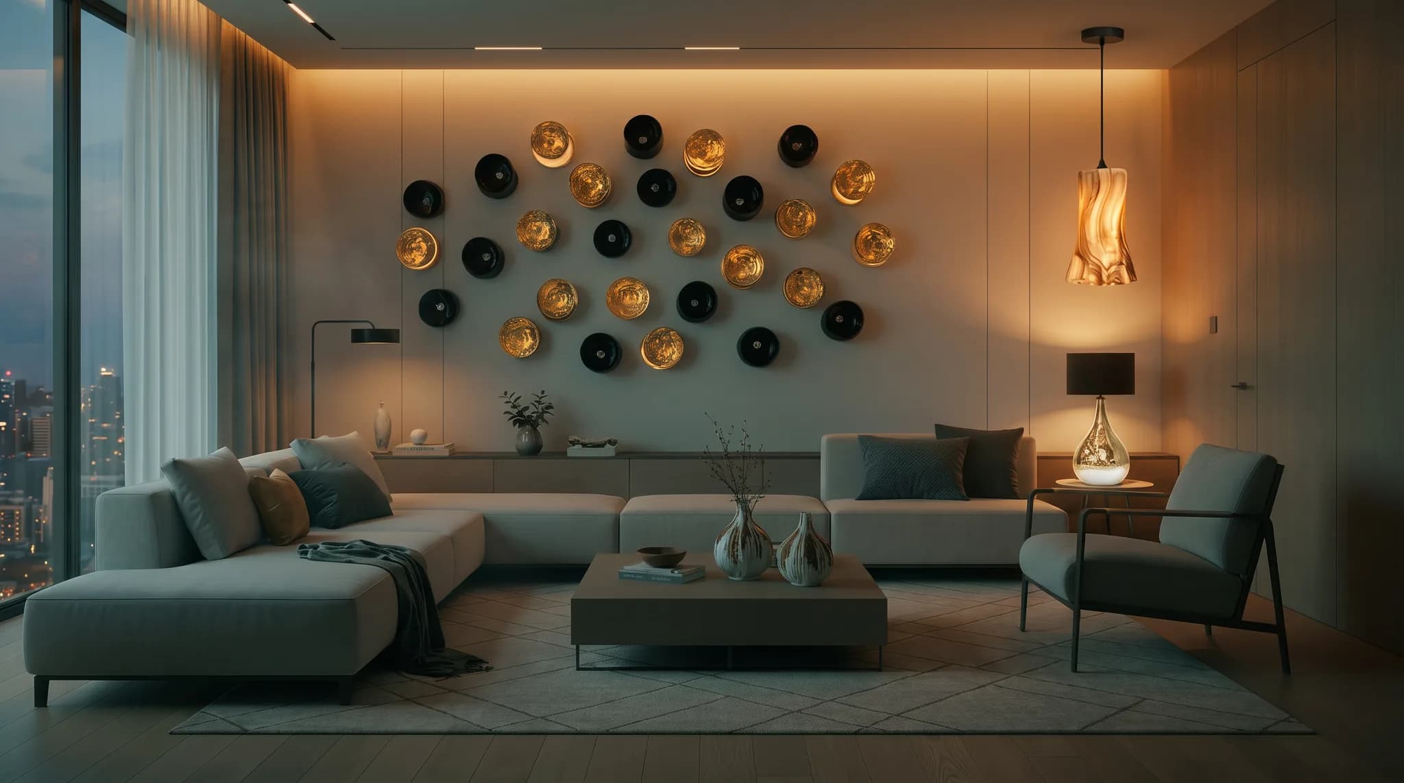 Habitación de hotel ambientada con piezas Mandarina