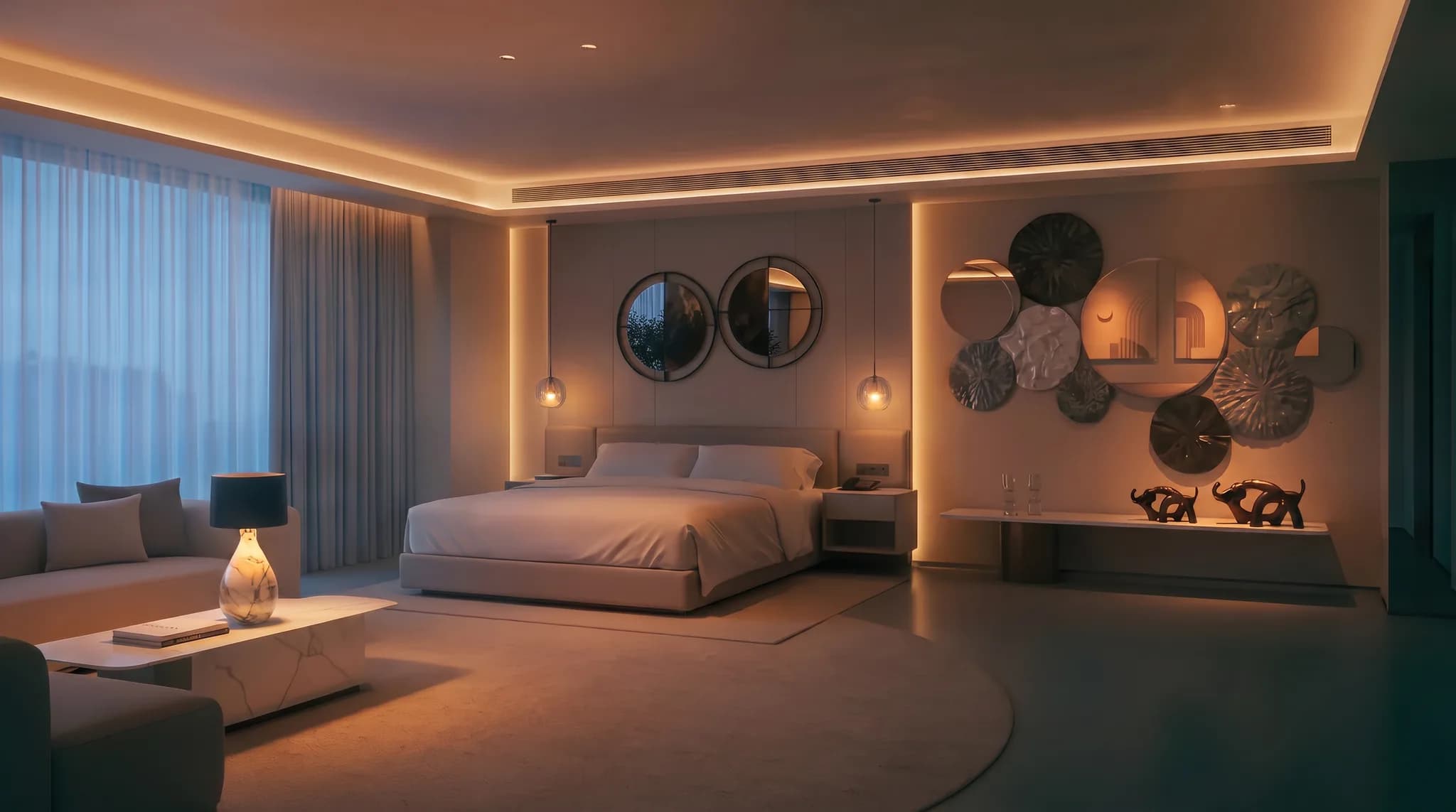 Habitación de hotel ambientada con piezas Mandarina